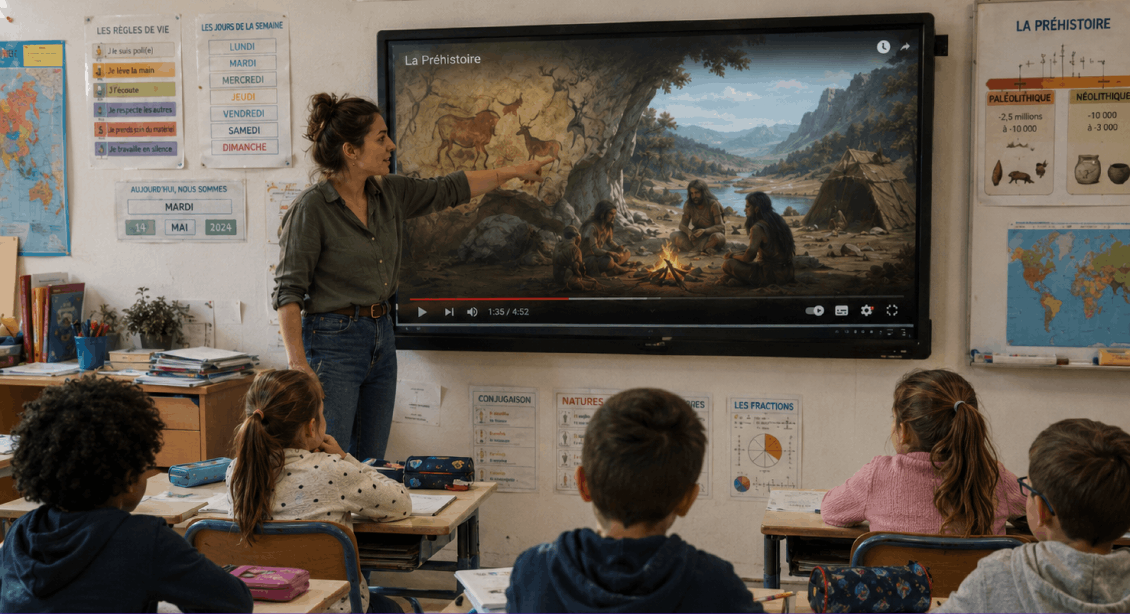 Enseignante animant sa classe avec un document affiché au TBI