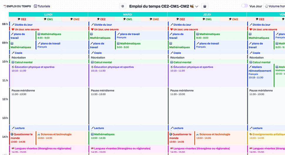 Emploi du temps reproduit avec matières, horaires et niveaux