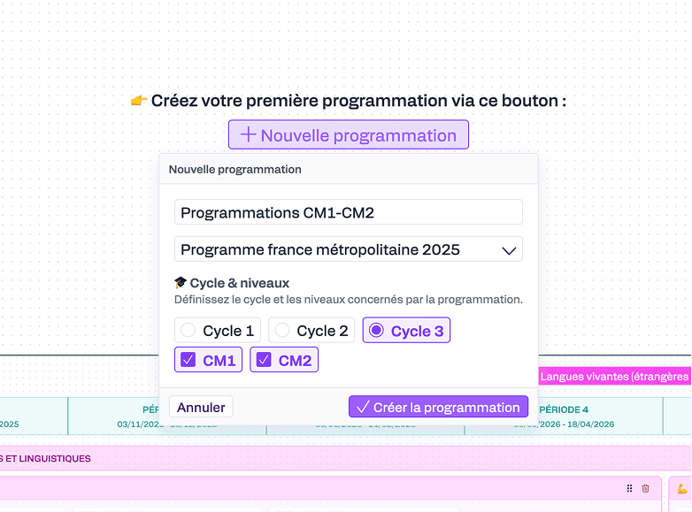 Formulaire de création d'une nouvelle programmation