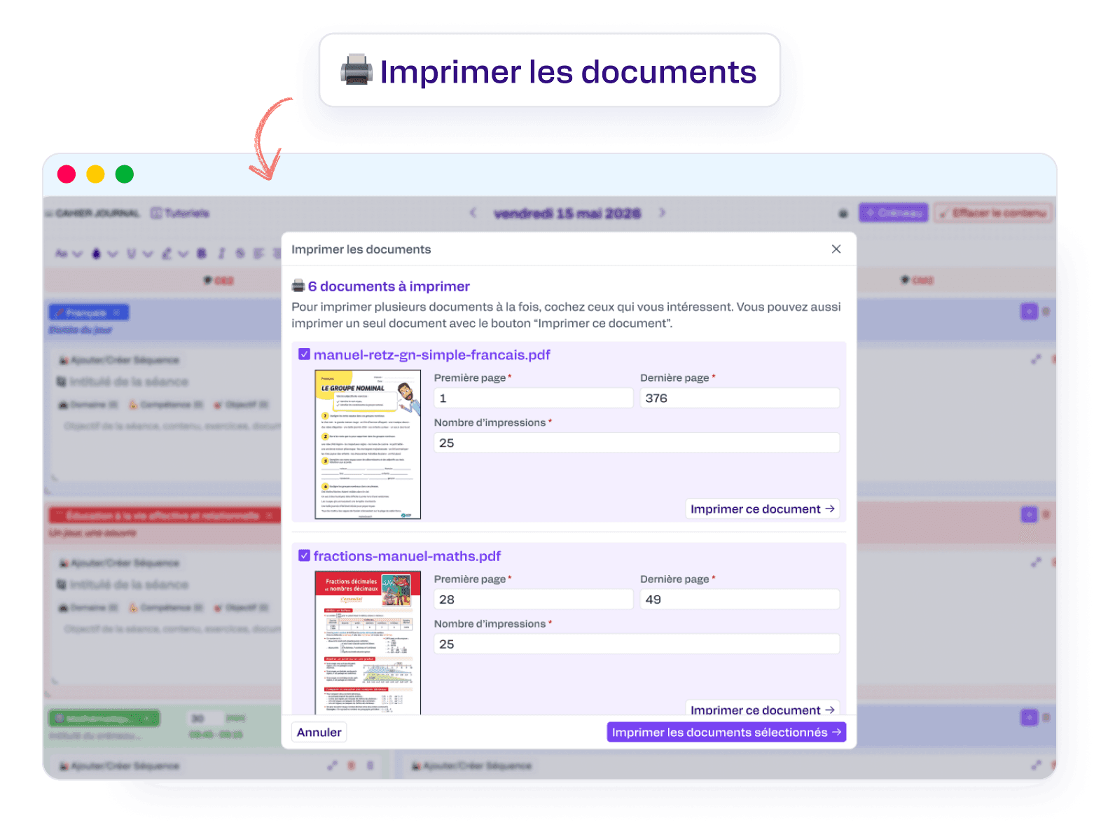 Imprimez plusieurs documents du cahier journal en un clic