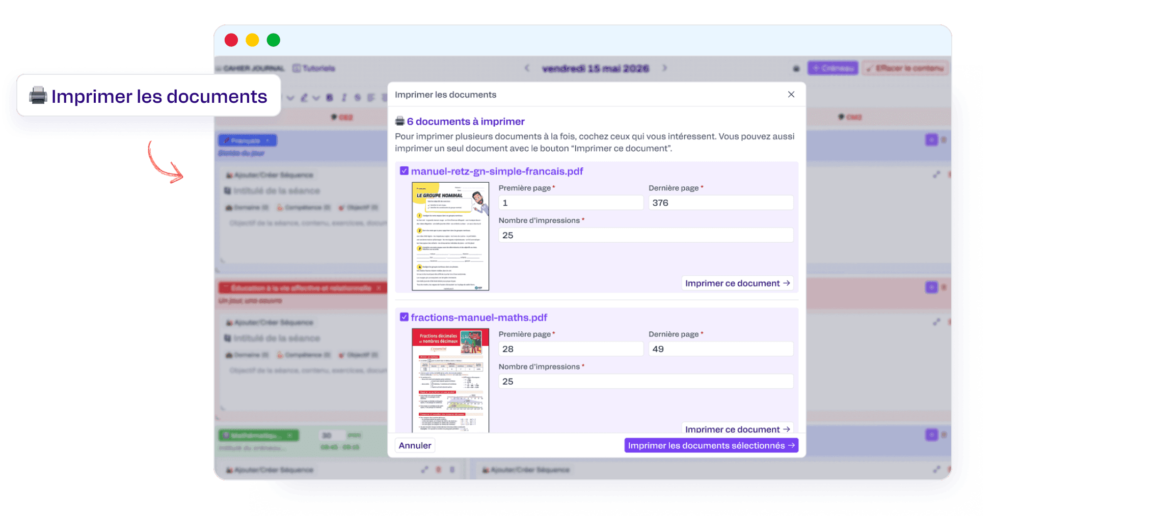 Imprimez plusieurs documents du cahier journal en un clic