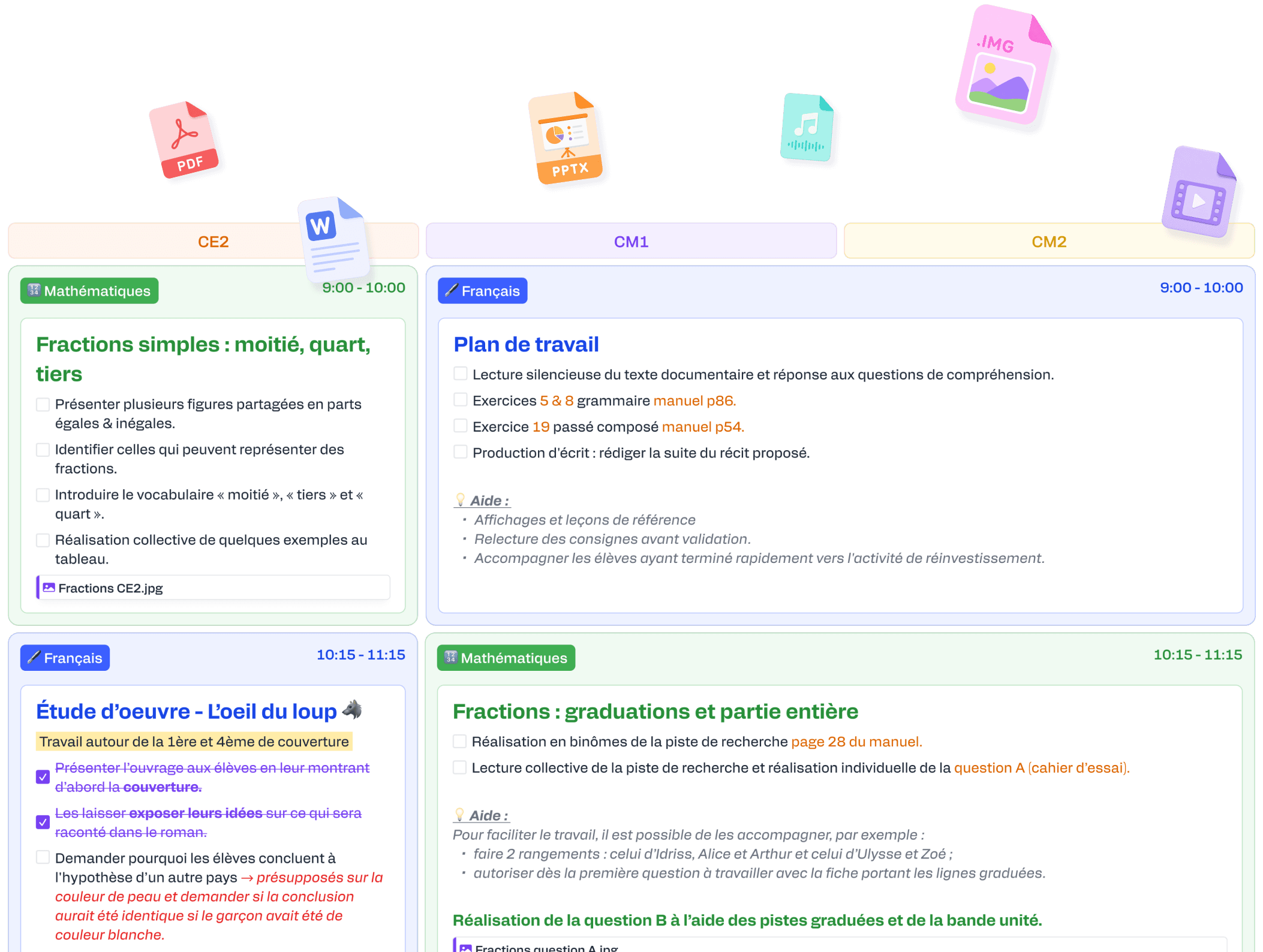 Documents pédagogiques accessibles depuis le cahier journal Maximômes