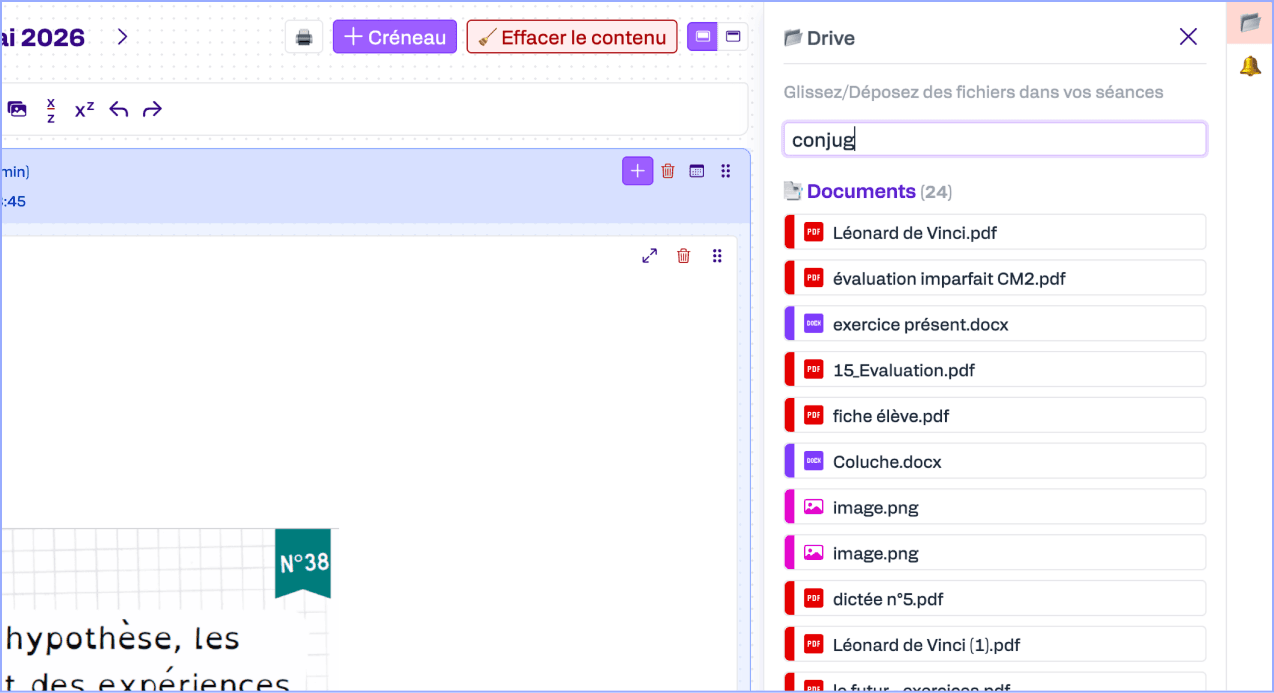 Navigation dans les documents du Drive depuis le cahier journal