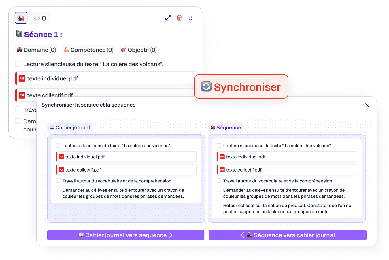Synchronisation d'une séance du cahier journal avec sa séquence parente